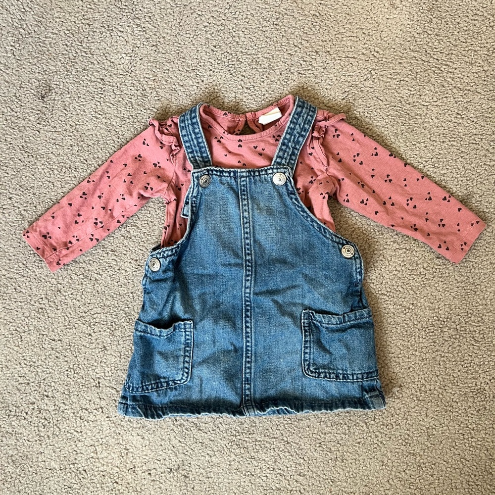 H&M Baby girl denim overall dress set size 6M Valentine’s Day set.